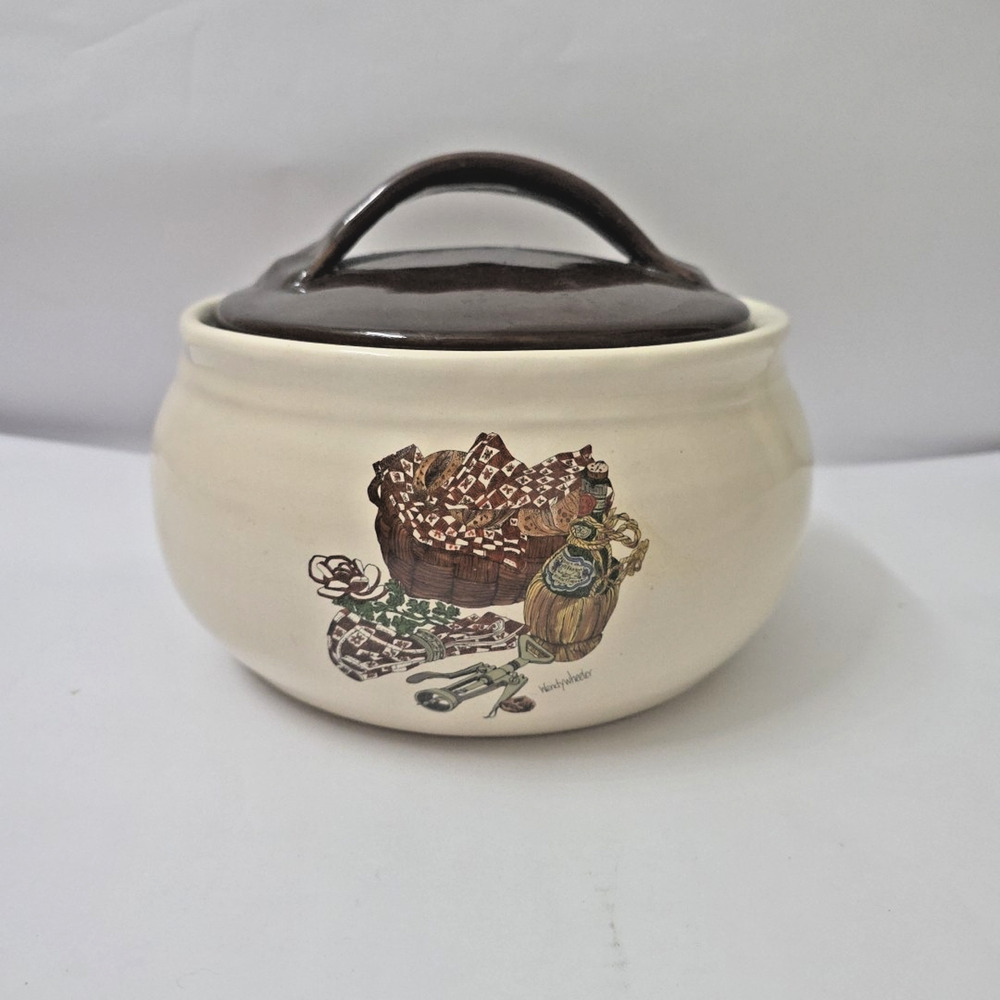 Vintage Farmhouse Bean Pot W Cover Pottery WENDY WHEELER Large Cottagecore